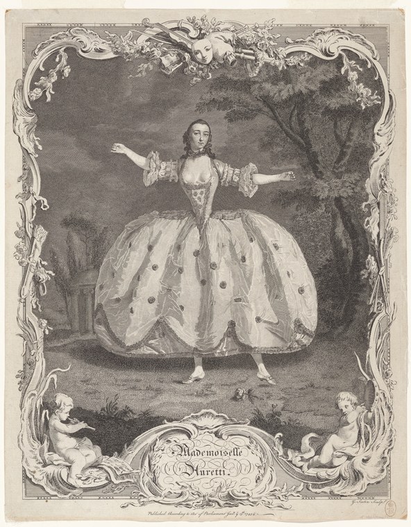 Engraved portrait of a young female dancer in an elaborate pale dress with a dramatically voluminous petal-like skirt, arms outstretched, in a formal
