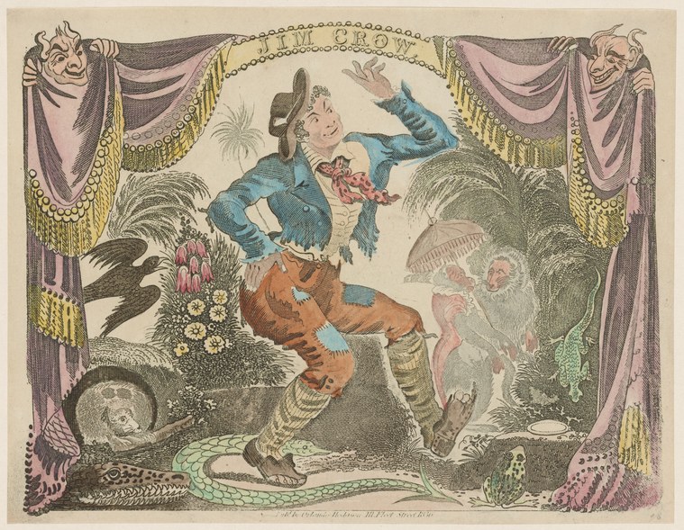 Hand-colored engraving of a caricatured figure in exaggerated theatrical pose within an ornate drapery frame, surrounded by exotic animals.