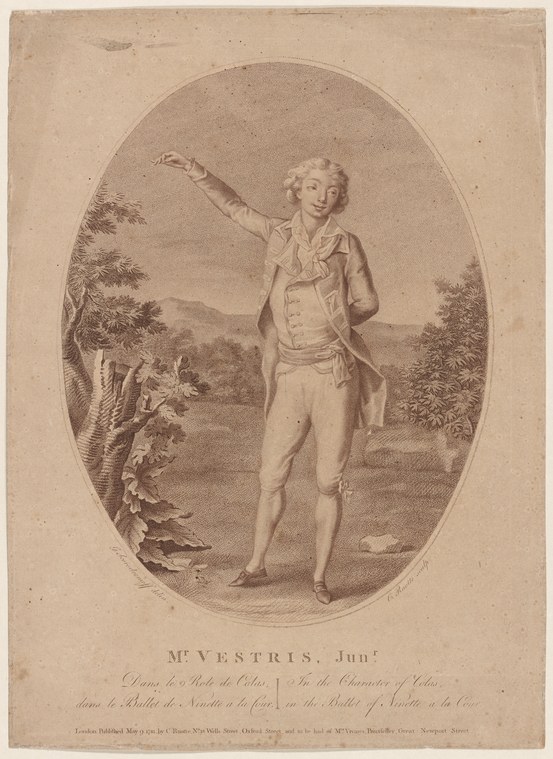 An 18th-century engraving showing a young male dancer in breeches and coat, standing in a relaxed pose with one arm raised, set in a pastoral landscape.