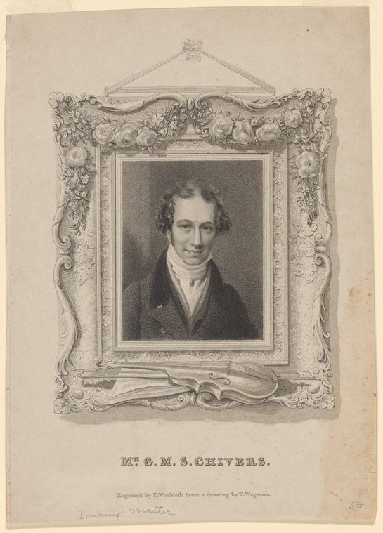 Engraved portrait of a young man in dark coat and white cravat, three-quarters profile, in an ornate rococo frame.