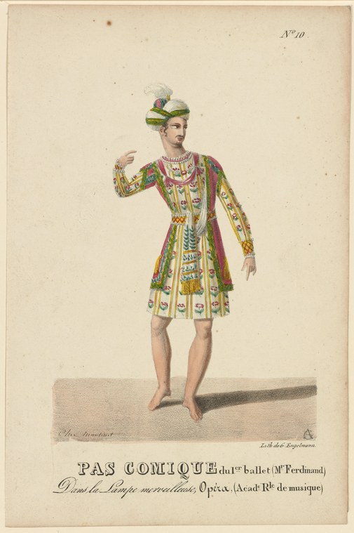 Hand-colored engraving of a barefoot male dancer in ornate embroidered tunic and turban, standing in frontal pose with raised left arm, against pale ground.
