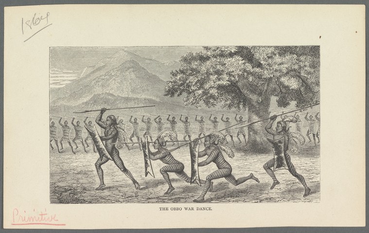 Engraving of eight indigenous warriors in a line performing a coordinated war dance with spears, mountainous landscape behind.