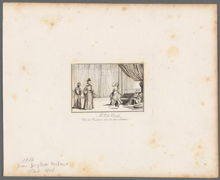Engraved theatrical scene: a woman in elaborate gown addresses two figures at left; draped curtains and stage setting behind.
