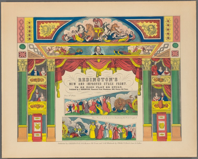Hand-colored engraving of an ornate theater interior with columned proscenium, showing audience scenes below the stage opening.
