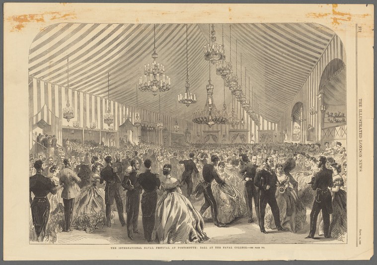 Wood engraving of a crowded Victorian ballroom with formal couples dancing under ornate ceiling with chandeliers