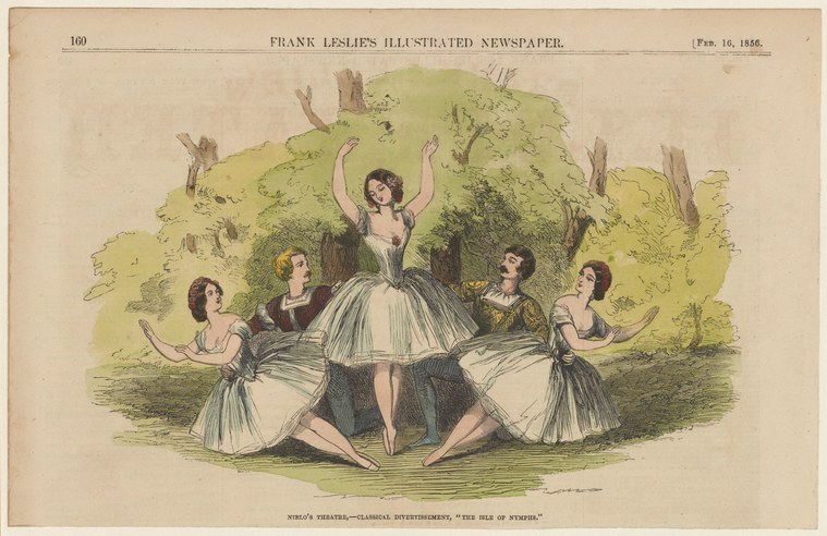 Five women in white dresses dance in a woodland circle, the center figure with arms raised, surrounded by four attendants.