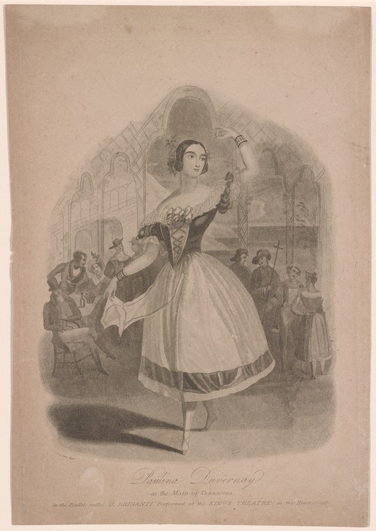 Engraving of a woman in pale tulle skirt and dark bodice, standing en relevé with arms raised, performing on a stage with audience in the background.