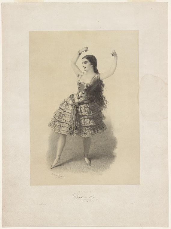 Woman in mid-19th-century ballet costume, arms raised beside her head, wearing tiered lace skirt and corseted bodice.