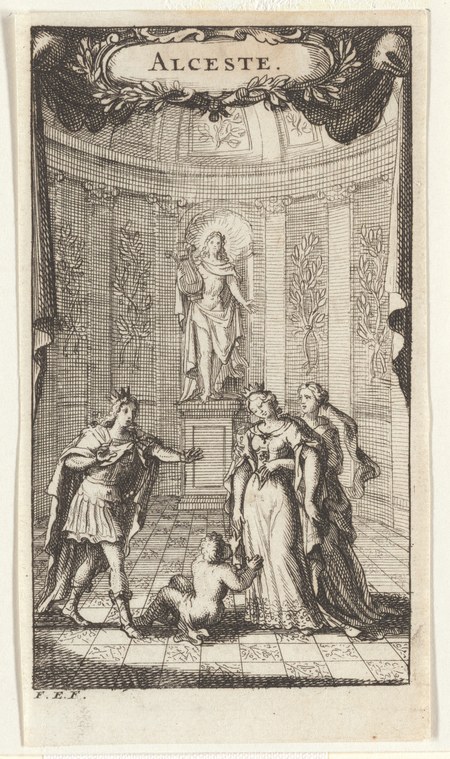 Neoclassical engraving of Alceste on a plinth, surrounded by four figures in classical dress in a columned interior.