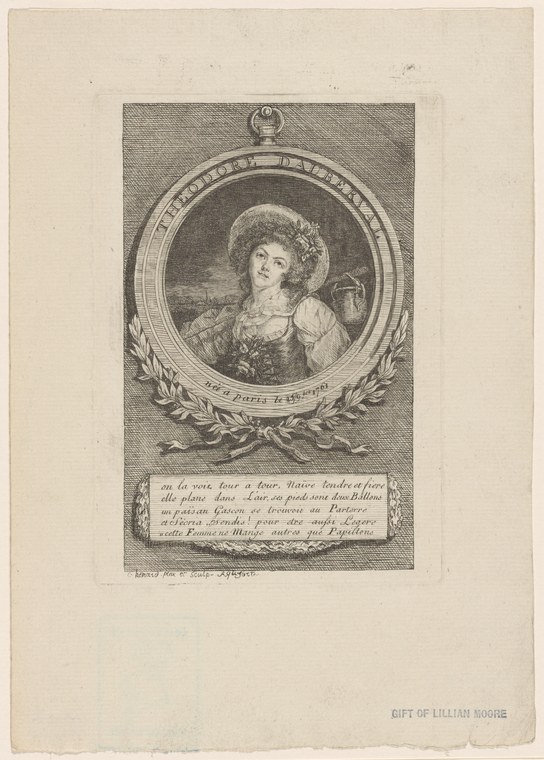 Engraved portrait of a young woman in 18th-century dress within an ornate circular frame, no dance depicted.