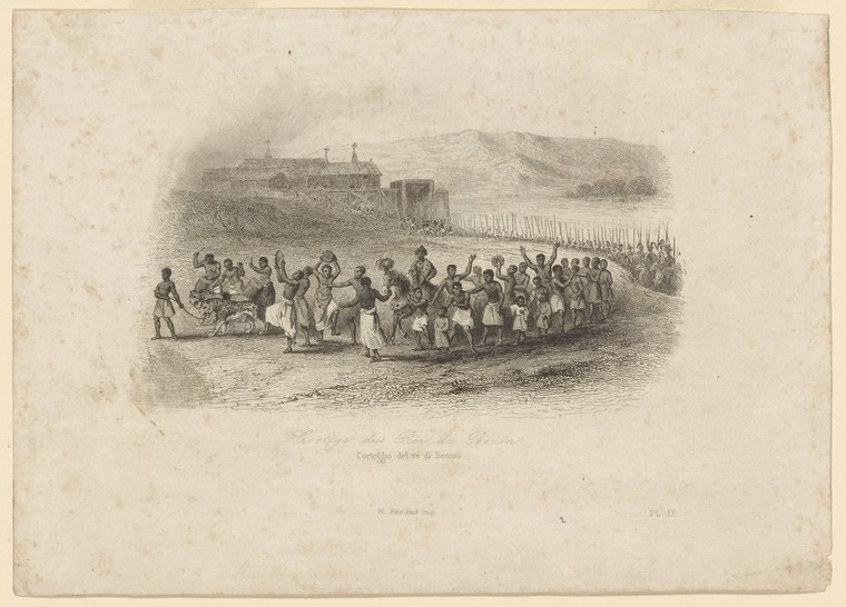 Nineteenth-century engraving of a large crowd gathered in a courtyard before a fortified structure, with figures in varied dress arranged in a formal