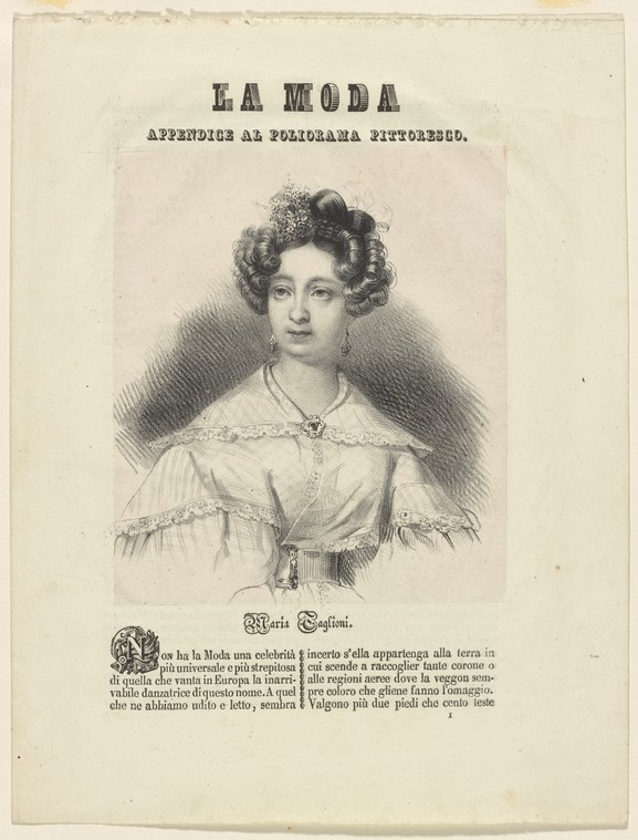 Engraved portrait of Marie Taglioni, a woman in Romantic-era formal dress with dark ringlet hair and an off-shoulder gown.