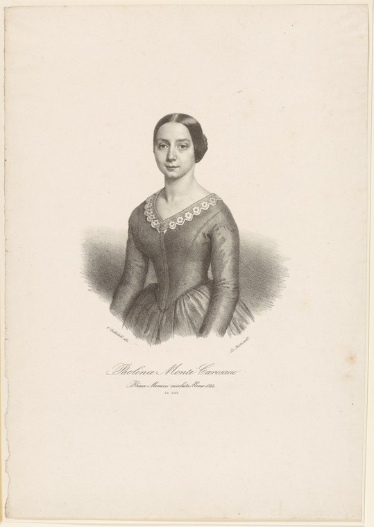 Engraved portrait bust of a dark-haired woman in 1840s dress, inscribed Paolina Monti Caresano, prima mimica assoluta, Roma 1844.