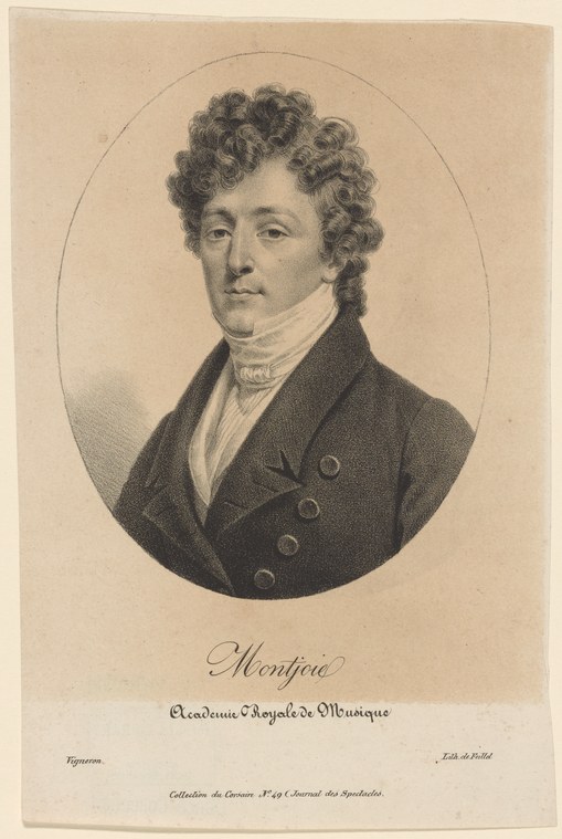 Engraved portrait of a young man in early 19th-century dress, identified as Montjoie of the Paris Opera.