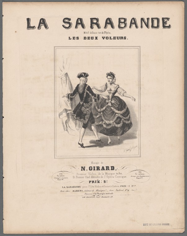 Engraved image of a male and female dancer performing a sarabande in formal eighteenth-century dress, set against a plain background.