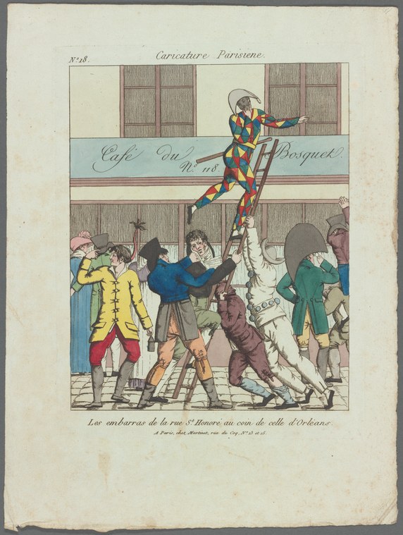 A multicolored acrobat suspended against a Paris building facade while a crowd of Parisians below gaze upward in astonishment.