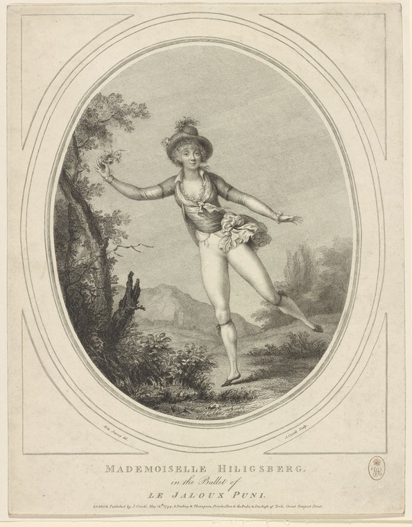 A young woman in a classical tunic poses in a balletic arabesque in an 18th-century engraving, set in an Arcadian landscape with cypress trees.