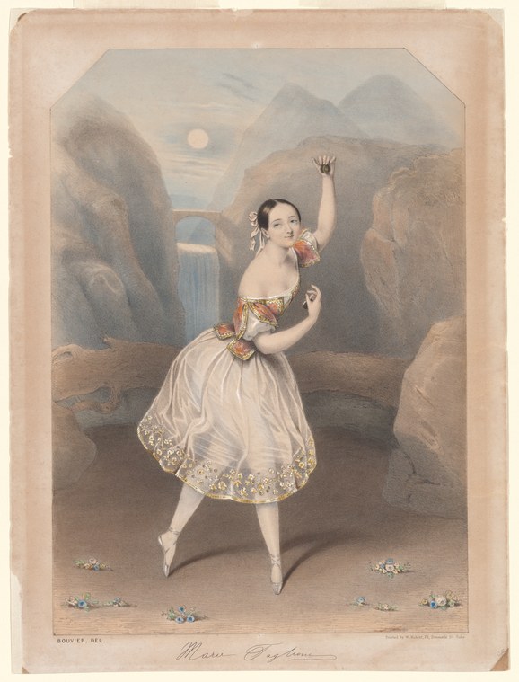 Young female ballet dancer en pointe in short white tutu, right arm raised, suspended in moonlit rocky landscape with scattered flowers.