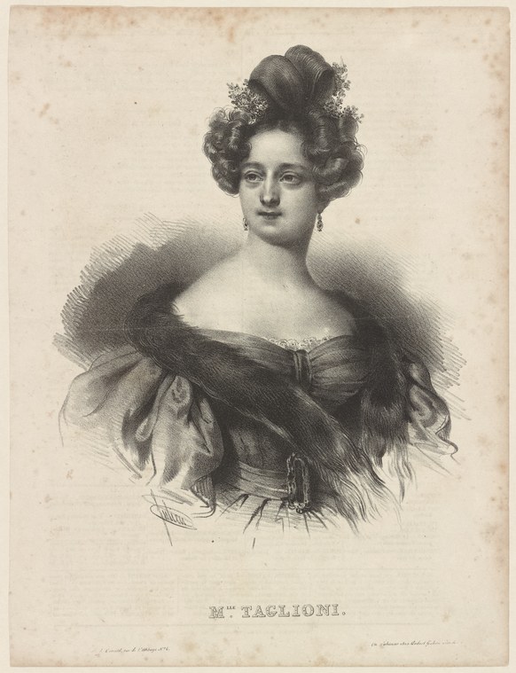 Engraved portrait of Marie Taglioni, a 19th-century prima ballerina, shown from the shoulders up in an off-shoulder evening dress.