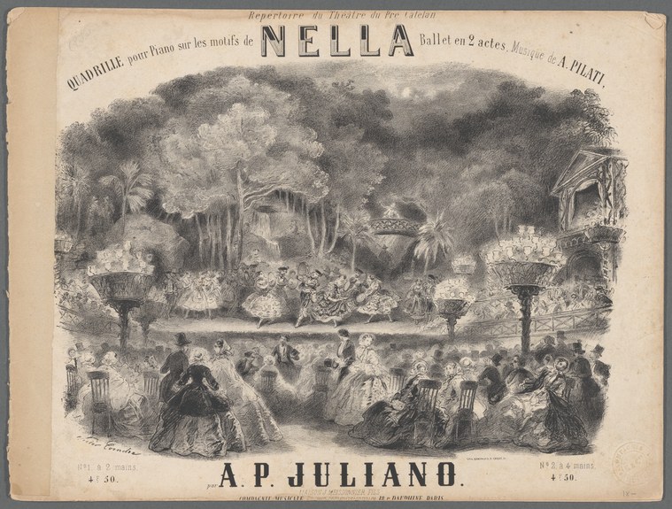 Lithograph of couples in 19th-century dress dancing a quadrille in a romantic garden setting surrounded by spectators.