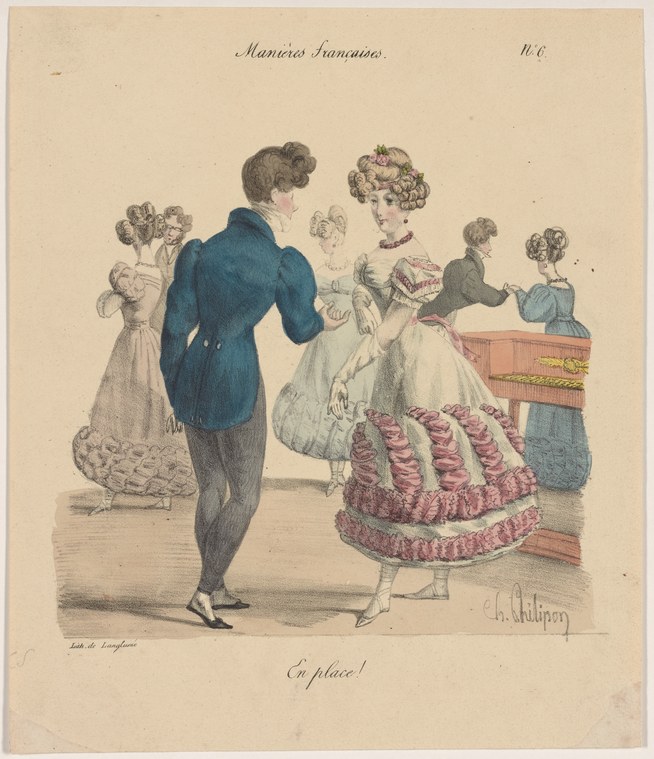 Colored engraving of a fashionable ballroom with couples in formal dress, centered on a man bowing to a woman in an elaborately ruffled white gown.