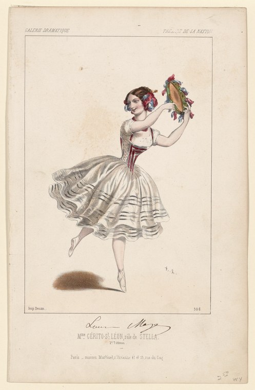 A woman in a Romantic-era ballet costume, mid-leap, holding a bouquet aloft. Hand-colored engraving.