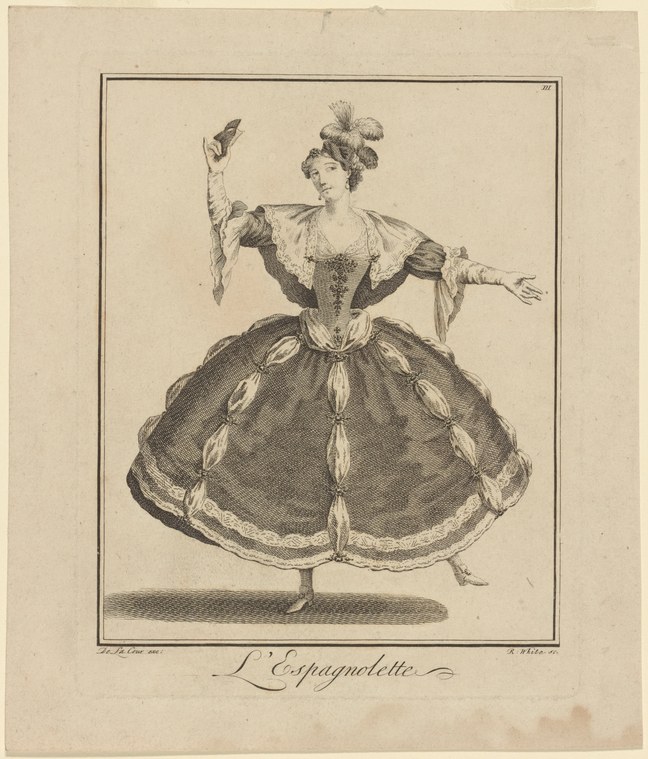 Woman in elaborate 18th-century gown with feathered headdress, arms raised in theatrical pose, full skirt rendered with fine detail.