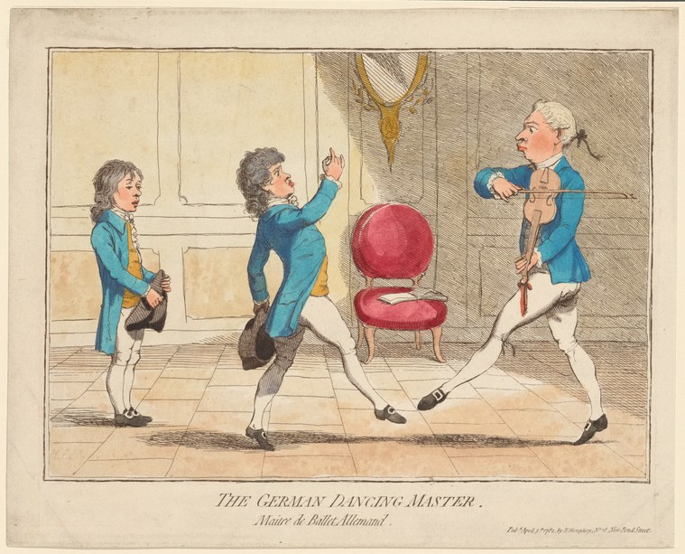 Hand-coloured engraving: A German dancing master in blue coat holds a violin while instructing three young male pupils in a panelled room with red furniture.