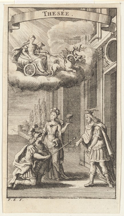 Baroque engraving with two registers: below, a woman seated on a throne gestures to an approaching man in Roman dress; above, a chariot in clouds bears the