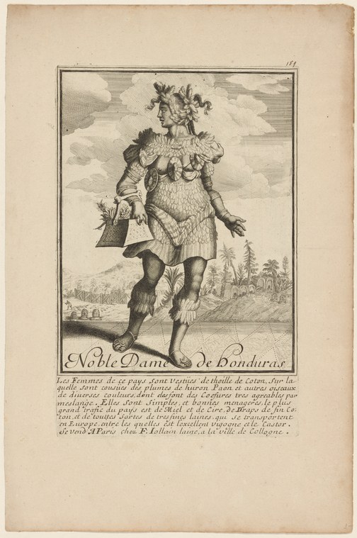 A woman in ornate theatrical costume with feathered headdress, patterned bodice, and puffed sleeves, posed with extended arm, holding a fan.