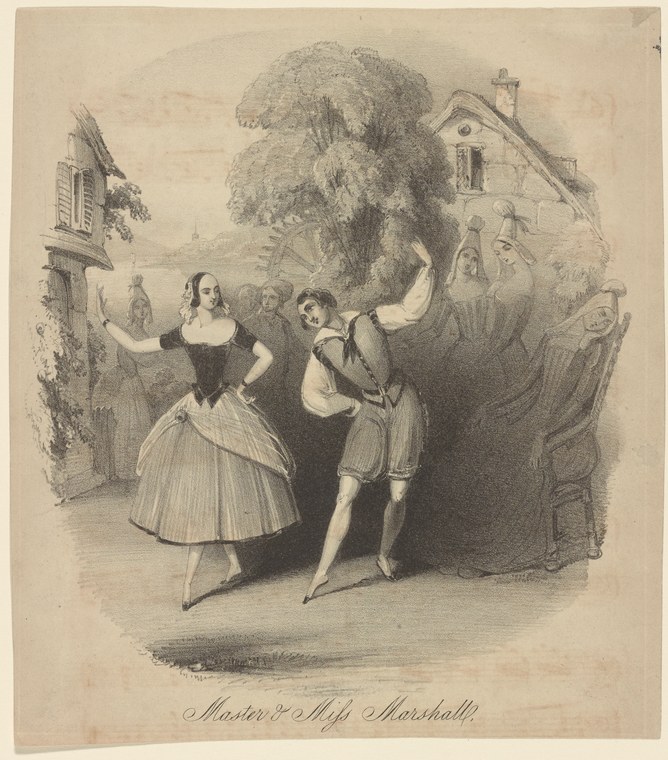 A boy and girl in period dress stand upright while an adult woman gestures toward them in instruction, watched by onlookers on a European street.