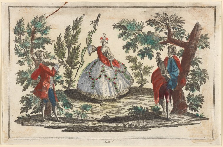 Three aristocratic figures in a wooded clearing: a woman in white and red holding a staff, attended by two men in formal dress.