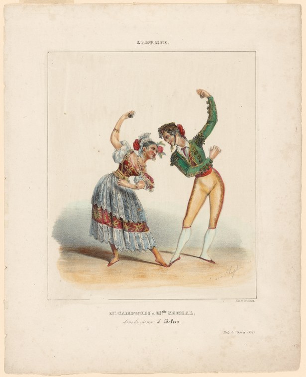 A male and female dancer in synchronized pose with arms raised, leaning backward in mirror formation, dressed in 1820s ballroom attire.