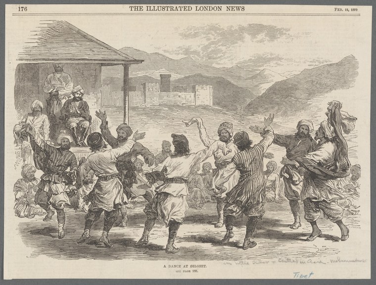 Wood engraving of a crowd of men, women, and children dancing outdoors with raised arms in a village setting with mountains in the distance.