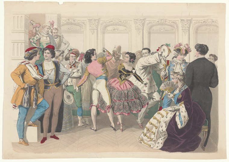 Crowded neoclassical ballroom interior: elaborately costumed revelers in masks, military dress, and ornate gowns converse and gesture amid arched doorways and