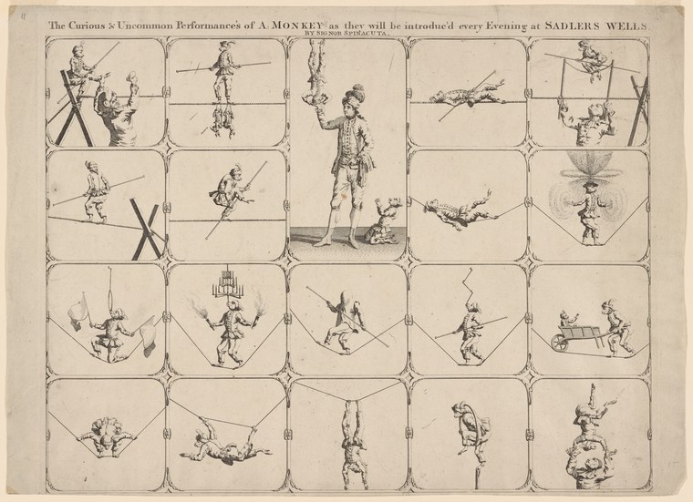 Engraved broadside showing a trained monkey performing acrobatic feats in twenty vignettes, suspended from ropes and apparatus, watched by a clothed man.