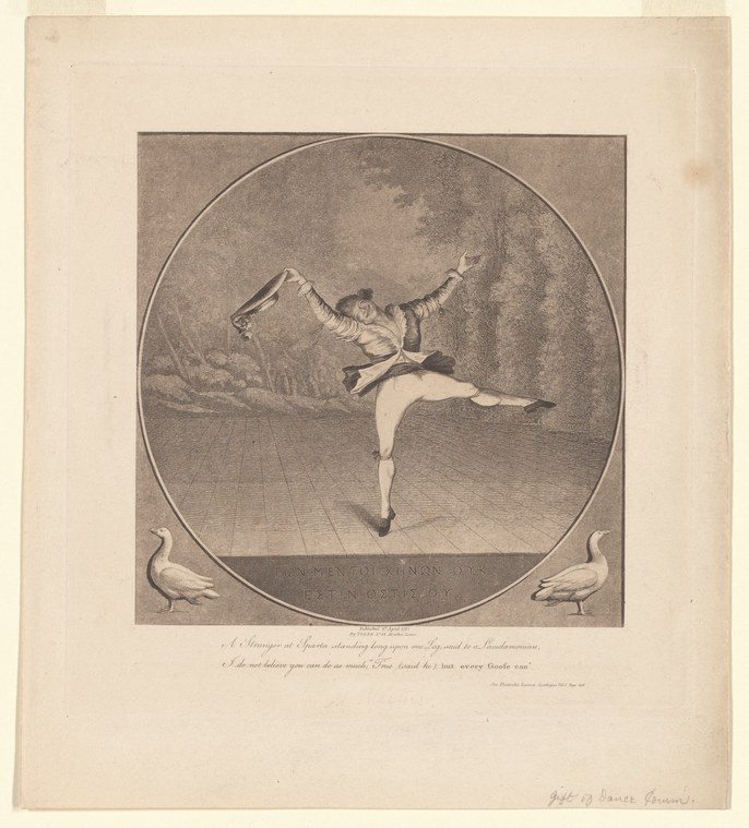 A female ballet dancer in a short tutu, balanced on one leg with the other extended behind her, arms gracefully positioned.