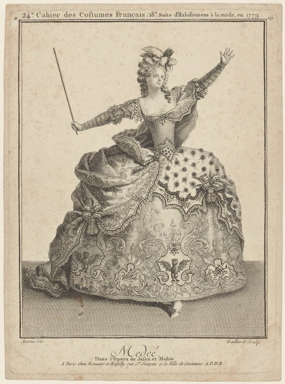 Engraved full-length portrait of a woman in an 18th-century theatrical gown, arms raised in an expressive gesture, head thrown back.