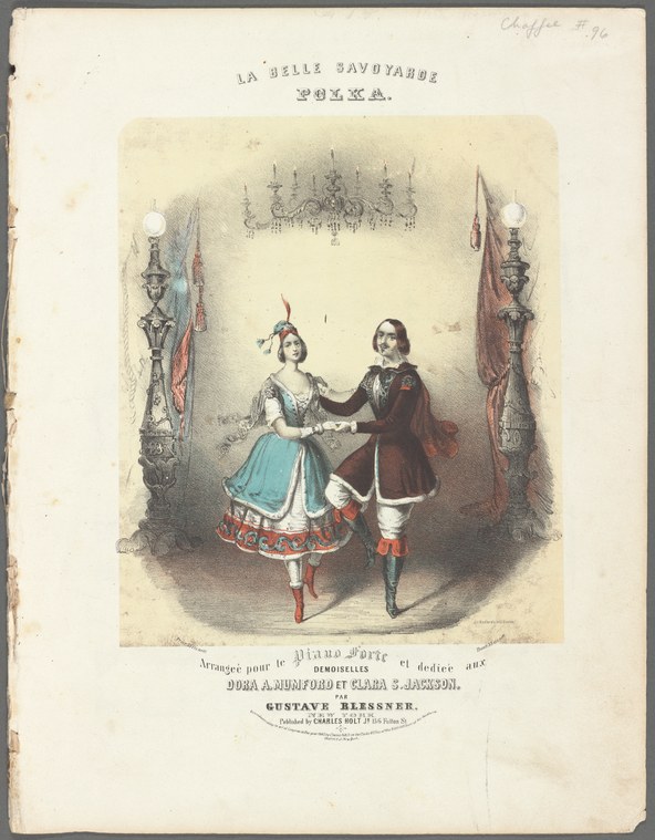 A hand-coloured engraving of a man in dark military coat and a woman in pale blue ball gown dancing the polka in an ornate ballroom interior.