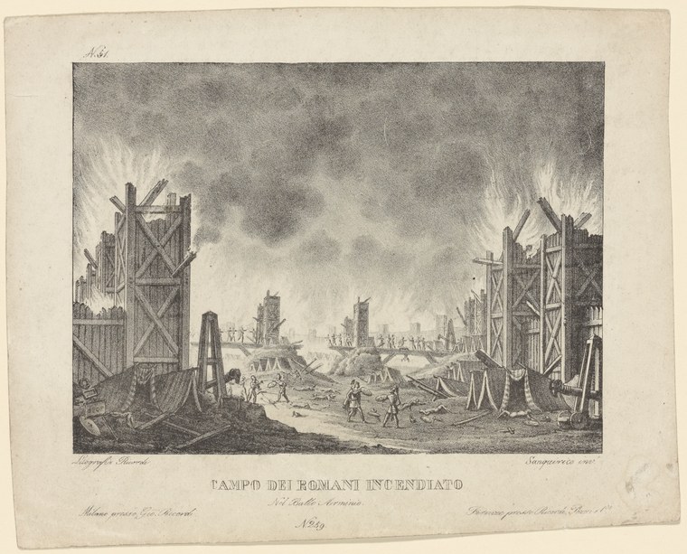 18th-century engraving showing two burning wooden fortifications flanking a devastated landscape with scattered figures.