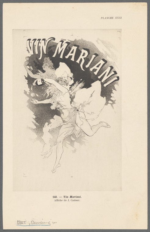 A ballet dancer in a white tutu arches backward in an exaggerated pose against a dark background, framed by ornamental foliage and the text "VIN MARIANI" in