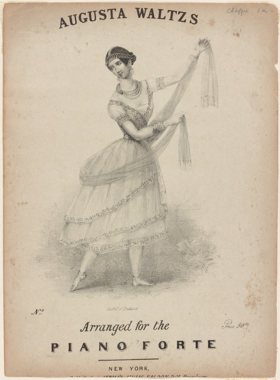 Engraved sheet music cover showing a woman in a Regency gown dancing waltz with a billowing scarf held high, captured mid-turn.