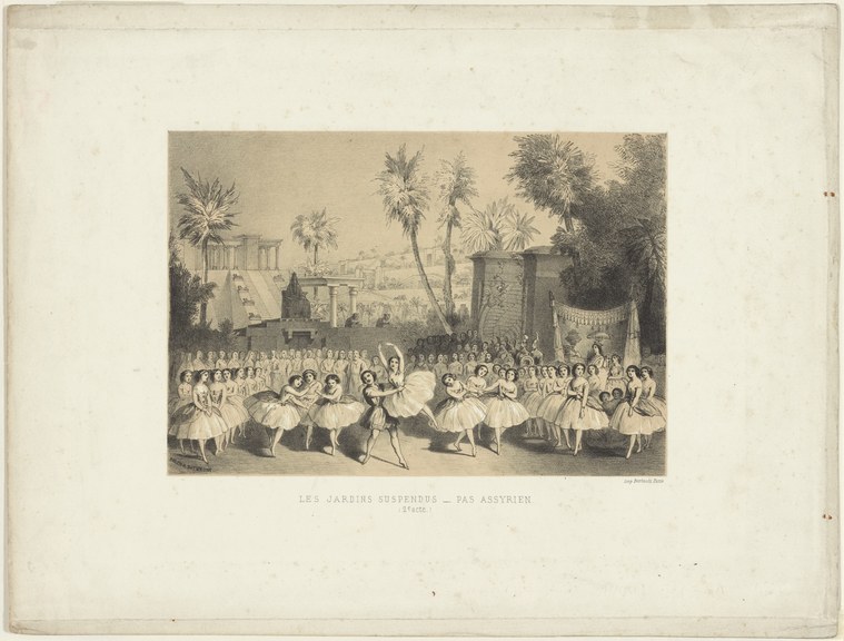 Engraved scene of dozens of female ballet dancers in white tutus and pointe shoes filling a stage set with palm trees and classical architecture.