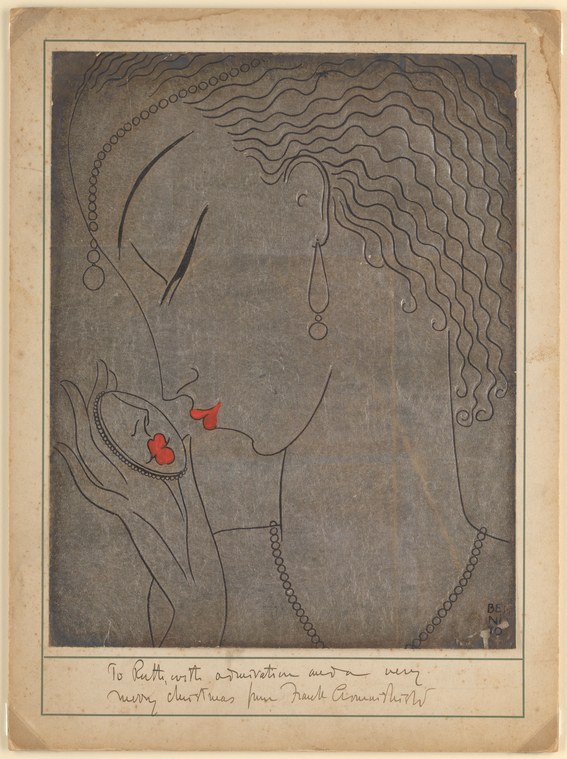 Profile portrait of a woman with long wavy hair, rendered in pen and ink line on dark ground, with handwritten text below.