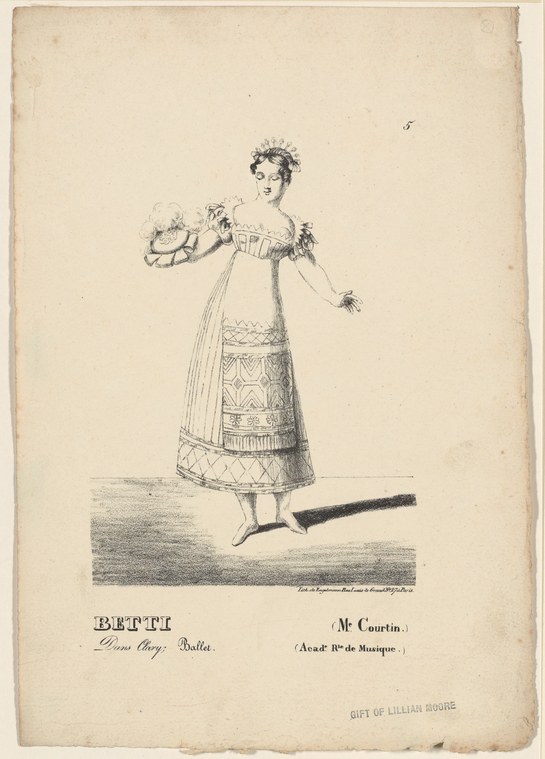 Woman in high-waisted white muslin gown with patterned overskirt, holding feathered hat, posed in theatrical stance against plain background.