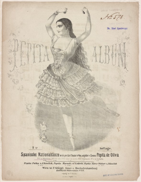 A single female dancer in balletic pose wearing a corseted white bodice and tiered ruffled skirt, arms raised, against a pale background.