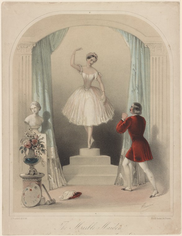 A woman in a white ballet dress stands on a pedestal in a classical hall, posed gracefully while two men below gaze up in admiration.