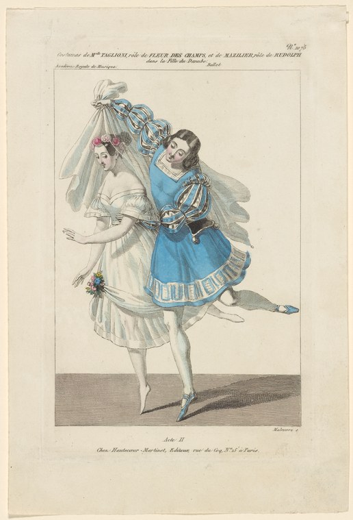 Two ballet dancers in mid-lift: woman in white tutu and flower crown held horizontal by man in blue military jacket with leg extended behind.