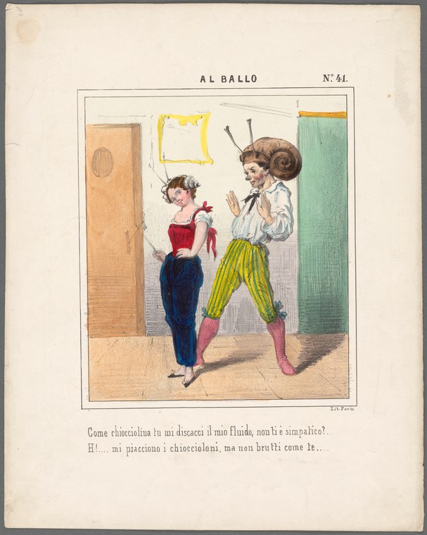 Woman in red corset recoils from a grotesque snail-creature in theatrical costume in an interior space.