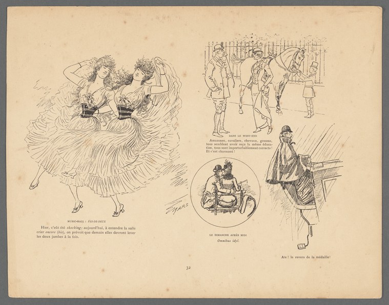 Two female ballet dancers in tulle skirts embrace intimately, arms raised, surrounded by sketches of theatrical scenes.